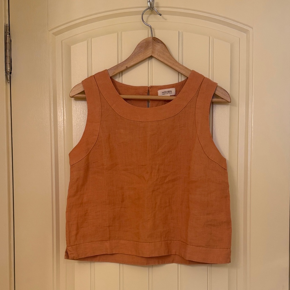 Haven well within Sleeveless Linen Tank Top in salmon/adobe